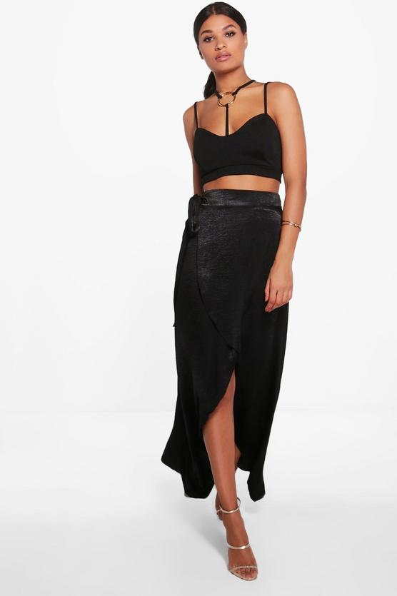 Aria Tie Waist Wrap Front Luxe Maxi Skirt